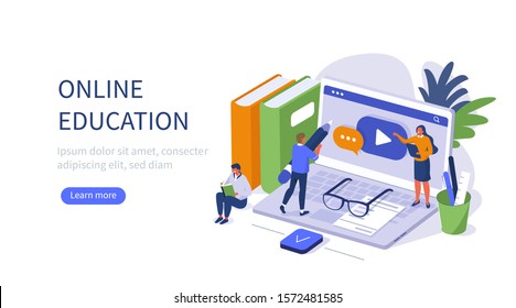 People Character Standing near Office Desk with Laptop, Books and Other Studying Supplies. Training Courses and Tutorials. Online Education and E-Learning Concept. Flat Isometric Vector illustration.