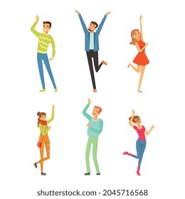 People Character Standing with Raised Hands Celebrating Success Vector Illustration Set