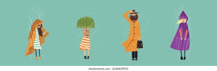 People Character in Stormy Windy Weather Vector Set