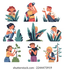 People Character Studying Nature Exploring Flora and Fauna Vector Set