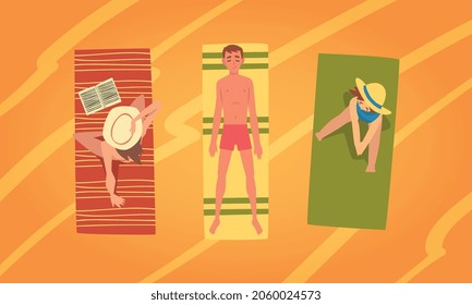People Character Sunbathing Lying on Blanket at Sandy Beach Enjoying Hot Summer Vector Illustration Set