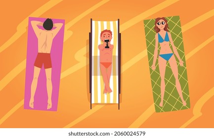 People Character Sunbathing Lying on Blanket at Sandy Beach Enjoying Hot Summer Vector Illustration Set