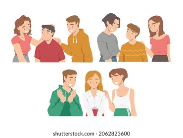 People Character Supporting Friend Encouraging Cheering Up and Raising His Spirits Vector Illustration Set