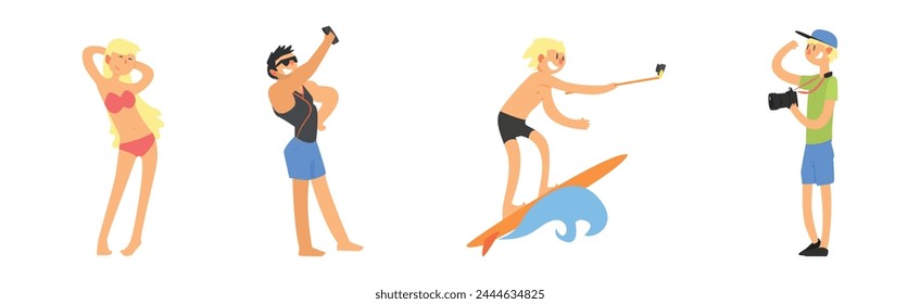 People Character Take Photo Posing and Smiling and Cameraman Vector Set