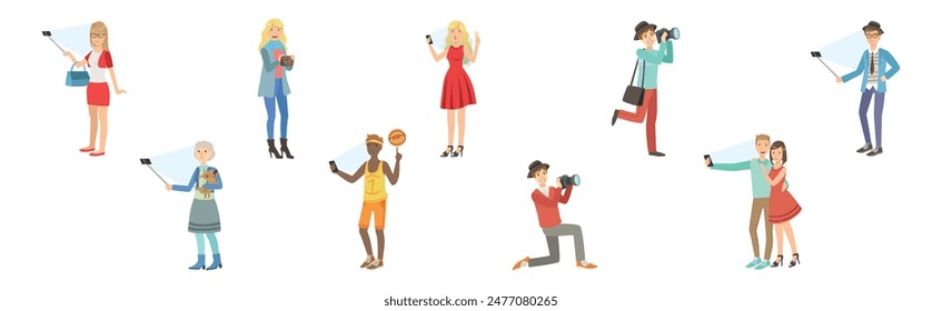 People Character Take Selfie and Pose for Photo Vector Set