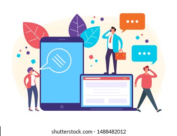People character talking by phone. Social communications concept. Vector flat graphic design illustration