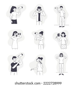 People Character with Telescope and Magnifying Glass Looking in Future Vector Set