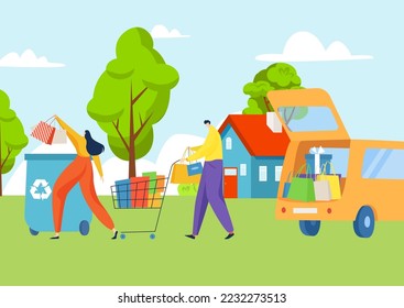 People character together ecology recycling overconsumption stuff, eco banner environmental protection flat vector illustration.