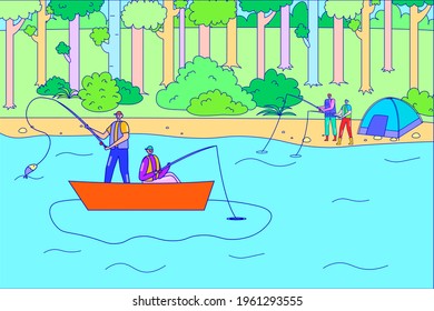 People character together fishing hobby, forest relaxing time, friend catching fish from boat, outdoor hiking flat line vector illustration.