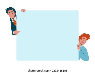 People character together hold empty text banner, concept message postcard blank flat vector illustration, isolated on white.