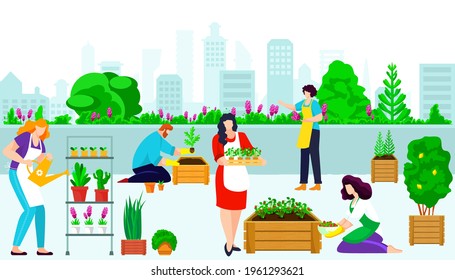 People character together roof urban gardening, female watering care green flower, male plant shrub cartoon vector illustration, town architecture.