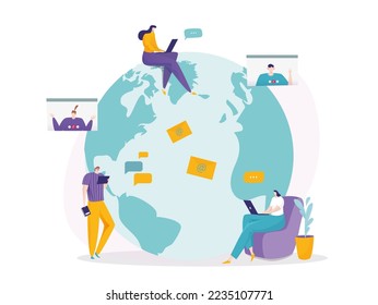 People character together use global internet, online technology tiny woman and man sitting planet flat vector illustration, isolated on white.