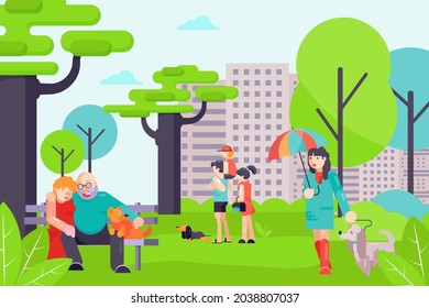 People character together walk with dog, male and female stroll home animal pet, urban cityscape flat vector illustration, outdoor park.