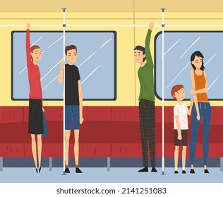 People Character Traveling Inside Electrical Train Holding Handrail Vector Set