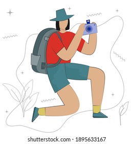People character travelling with camera, backpack, sunglasses and bag. Summer vacation people isolated vector. Illustration of summer tourist character. Vector illustration.