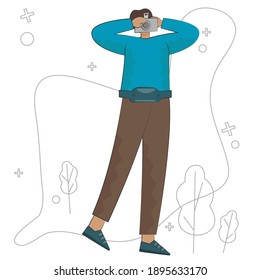 People character travelling with camera, backpack, sunglasses and bag. Summer vacation people isolated vector. Illustration of summer tourist character. Vector illustration.
