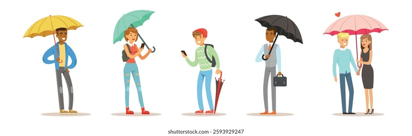 People Character with Umbrella Walk in Rainy Day Vector Set