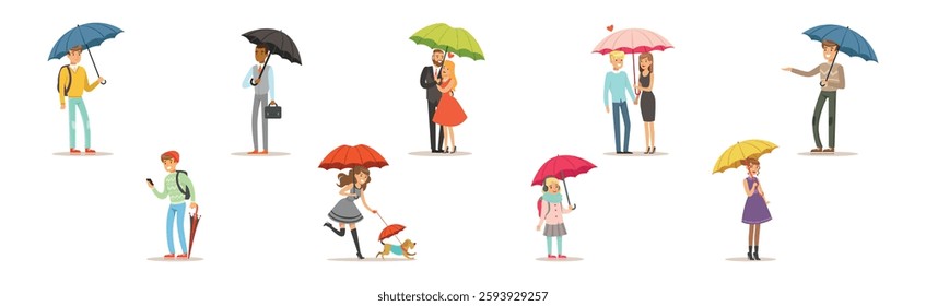 People Character with Umbrella Walk in Rainy Day Vector Set