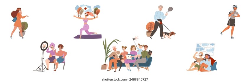 People Character Using Different Gadget and Mobile Device Vector Set