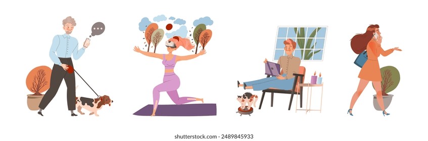 People Character Using Different Gadget and Mobile Device Vector Set