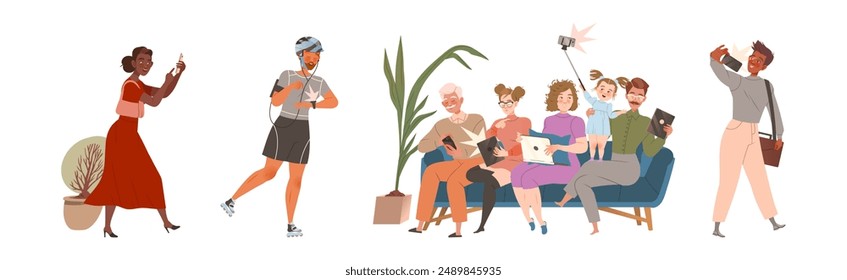 People Character Using Different Gadget and Mobile Device Vector Set