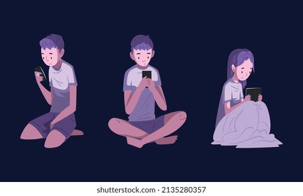 Personajes usando gadget digital en la noche sentados en la cama en el conjunto de vectores oscuros