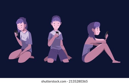 Personajes usando gadget digital en la noche sentados en la cama en el conjunto de vectores oscuros