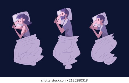 People Character Using Digital Gadgets at Night Lying on Bed Under Blanket Vector Set