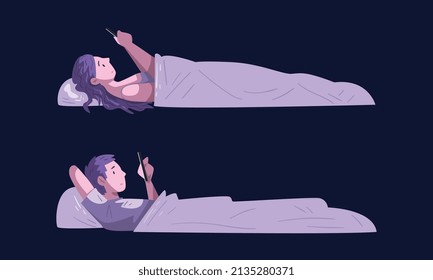 People Character Using Digital Gadgets at Night Lying on Bed Under Blanket Vector Set