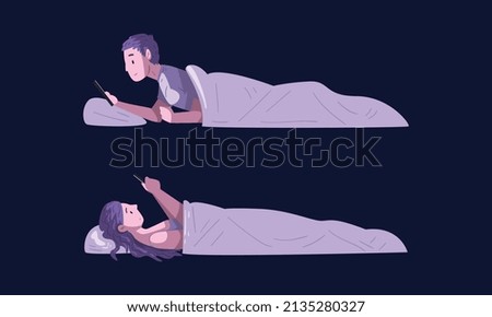 People Character Using Digital Gadgets at Night Lying on Bed Under Blanket Vector Set
