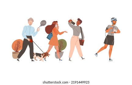 People Character Using Gadget and Electronic Device Speaking by Smartphone, Taking Selfie and Running with Smartwatch Vector Set
