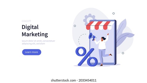 People character using loudspeaker to communicate with customers about discount and sales. Social media promotion  and advertising concept. Flat cartoon vector illustration isolated.
