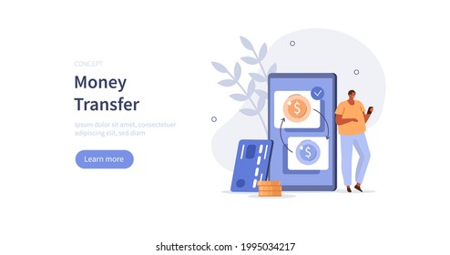 People character using online banking mobile app to sending and receiving money on smartphone. Money transfer and payment transaction concept. Flat cartoon vector illustration.