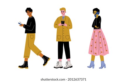 People Character Using Smartphone Speaking by Phone and Chatting Vector Set