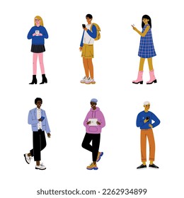 People Character Using Smartphone and Tablet Chatting and Surfing Internet Vector Set