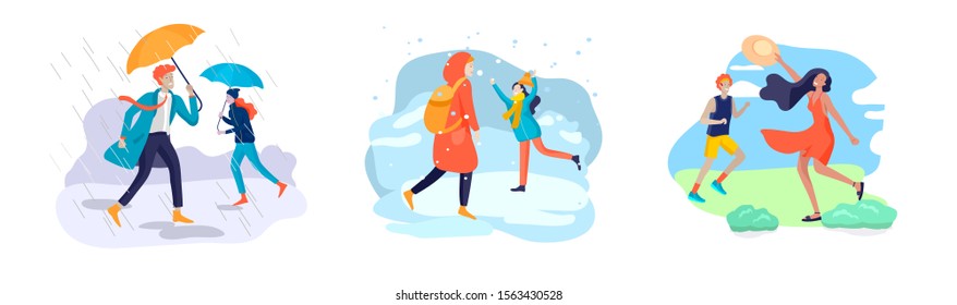 People character in various weather conditions. Man and woman in seasonal clothes and enjoys walking on street in rain, snowfall, summer heat. Colorful vector cartoon illustration
