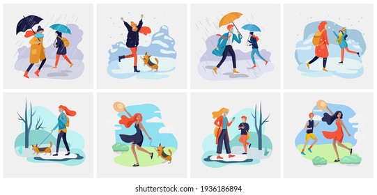 People character in various weather conditions. Man and woman in seasonal clothes and enjoys walking on street in rain, snowfall, summer heat. Colorful vector cartoon