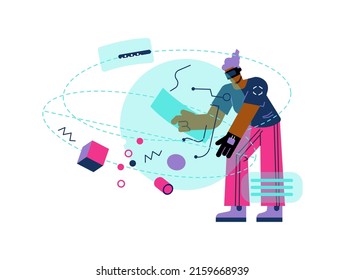 People character in virtual reality glasses research and touch metaverse flat style, vector illustration isolated on white background. Modern technologies, planet, abstract geometric symbol