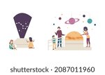 People Character Visiting Planetarium Learning about Astronomy and Night Sky Vector Set