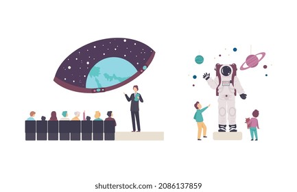 People Character Visiting Planetarium Learning about Astronomy and Night Sky Vector Set