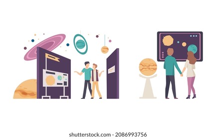 People Character Visiting Planetarium Learning about Astronomy and Night Sky Vector Set