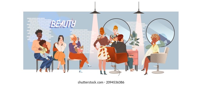 People Character Waiting in Queue or in Line for Beauty Salon Sitting on Chair Vector Illustration