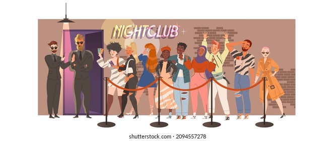 People Character Waiting Or Standing In Queue Or In Line For Nightclub Vector Illustration