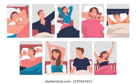 People Character Waking Up Feeling Happy Stretching Out in Bed Getting Up in the Morning Vector Set