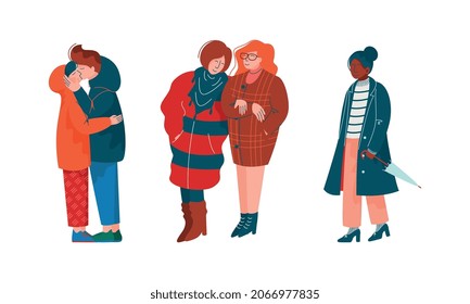 People Character Walking Along the Street in Spring Season Vector Illustration Set