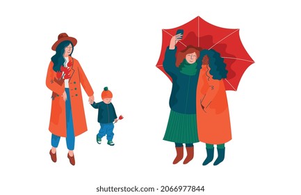 People Character Walking Along the Street in Spring Season Taking Selfie Under Umbrella and Holding Tulips Vector Illustration Set