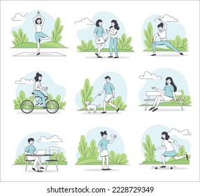 People Character Walking in the Park Doing Yoga, Sitting on Bench and Cycling Outline Vector Set