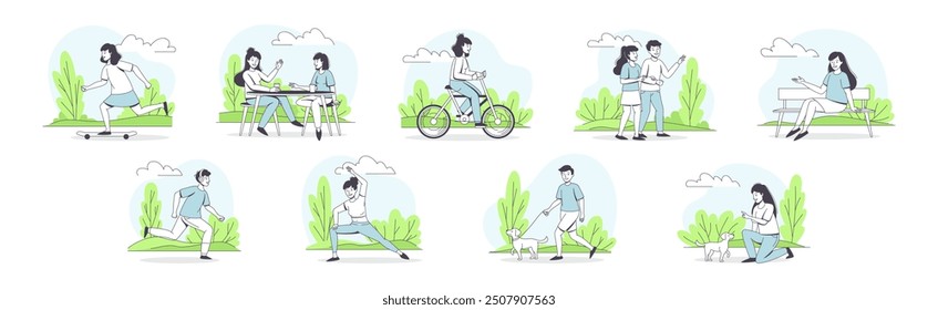 People Character Walking in the Park Outline Vector Set