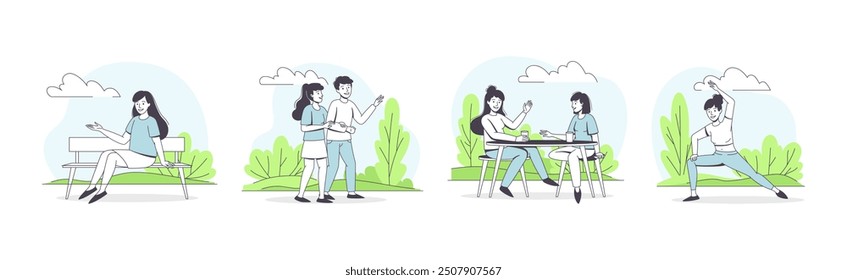 People Character Walking in the Park Outline Vector Set