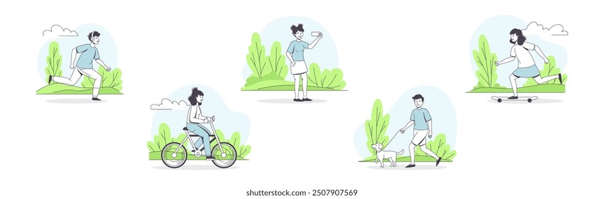 People Character Walking in the Park Outline Vector Set